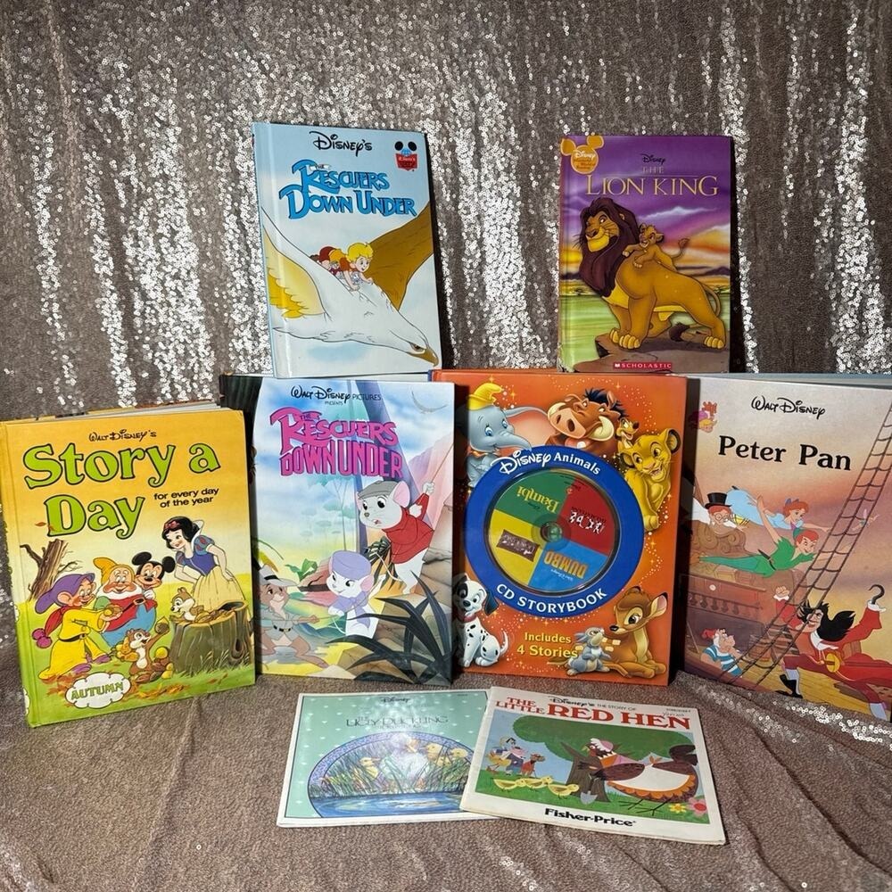 Vintage Disney 8 Book Lot Peter Pan Lion King Rescuers Down Under Story A Day